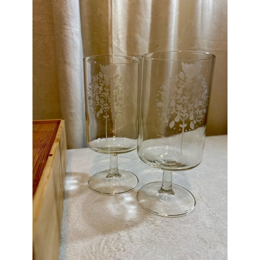Set of 6 Georg Jensen Etched Partridge in a Pear Tree Stemmed Glasses
